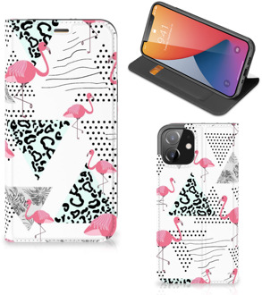 B2Ctelecom Telefoonhoesje Personaliseren iPhone 12 | iPhone 12 Pro Bookstyle Case Flamingo Triangle