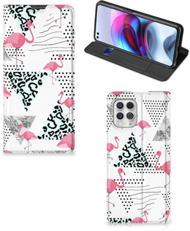 B2Ctelecom Telefoonhoesje Personaliseren Motorola Moto G100 Bookstyle Case Flamingo Triangle