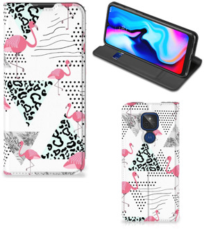 B2Ctelecom Telefoonhoesje Personaliseren Motorola Moto G9 Play Bookstyle Case Flamingo Triangle