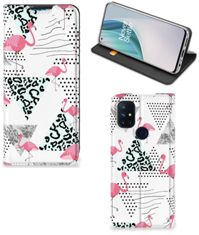 B2Ctelecom Telefoonhoesje Personaliseren OnePlus Nord N10 5G Bookstyle Case Flamingo Triangle