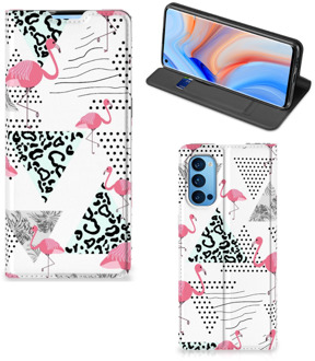 B2Ctelecom Telefoonhoesje Personaliseren OPPO Reno4 Pro 5G Bookstyle Case Flamingo Triangle