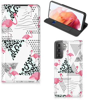 B2Ctelecom Telefoonhoesje Personaliseren Samsung Galaxy S21 Bookstyle Case Flamingo Triangle