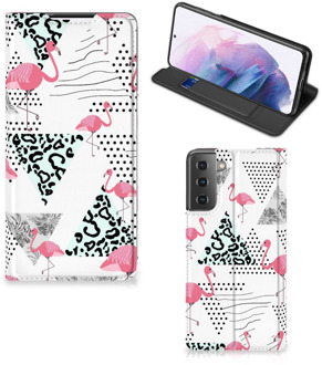 B2Ctelecom Telefoonhoesje Personaliseren Samsung Galaxy S21 Plus Bookstyle Case Flamingo Triangle