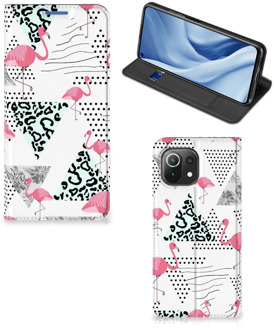 B2Ctelecom Telefoonhoesje Personaliseren Xiaomi Mi 11 Lite Bookstyle Case Flamingo Triangle