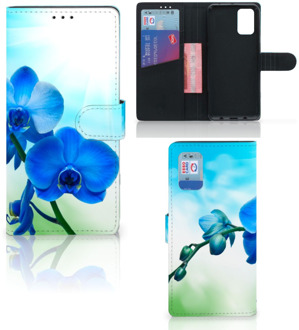 B2Ctelecom Telefoonhoesje Samsung Galaxy A02s Flip Cover Samsung M02s Wallet Book Case met foto Orchidee Blauw Valentijn Cadeautje Vrouw