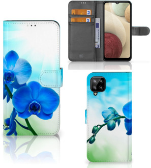 B2Ctelecom Telefoonhoesje Samsung Galaxy A12 Wallet Book Case met foto Orchidee Blauw Valentijn Cadeautje Vrouw