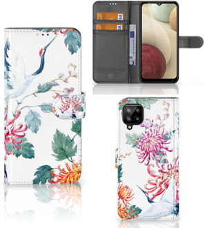 B2Ctelecom Telefoonhoesje Samsung Galaxy A12 Wallet Bookcase Bird Flowers