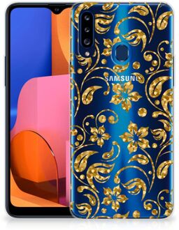 B2Ctelecom Telefoonhoesje Samsung Galaxy A20s Back Cover Siliconen Hoesje Gouden Bloemen