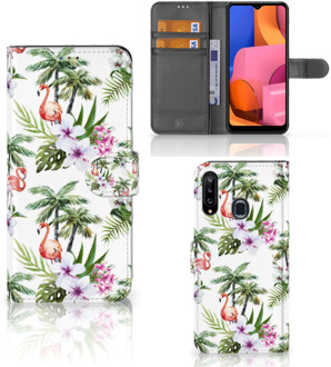 B2Ctelecom Telefoonhoesje Samsung Galaxy A20s Flip Hoesje met naam Flamingo Palms