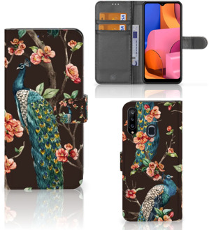 B2Ctelecom Telefoonhoesje Samsung Galaxy A20s Flipcase Cover Pauw met Bloemen