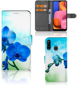 B2Ctelecom Telefoonhoesje Samsung Galaxy A20s Wallet Book Case met foto Orchidee Blauw Valentijn Cadeautje Vrouw