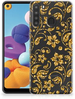 B2Ctelecom Telefoonhoesje Samsung Galaxy A21 Back Cover Siliconen Hoesje Gouden Bloemen