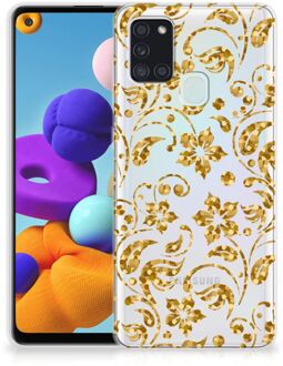 B2Ctelecom Telefoonhoesje Samsung Galaxy A21s Back Cover Siliconen Hoesje Gouden Bloemen