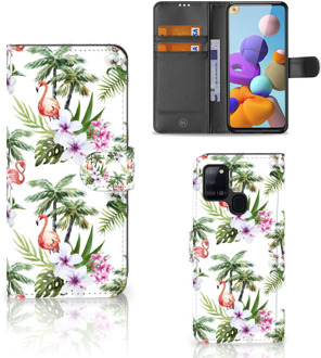 B2Ctelecom Telefoonhoesje Samsung Galaxy A21s Flip Hoesje met naam Flamingo Palms