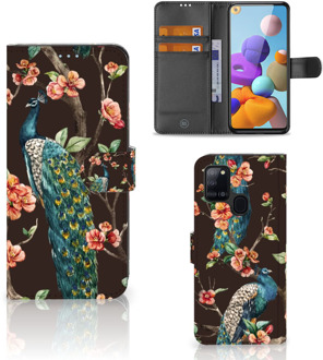 B2Ctelecom Telefoonhoesje Samsung Galaxy A21s Flipcase Cover Pauw met Bloemen