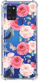 B2Ctelecom Telefoonhoesje  Samsung Galaxy A21s Silicone Case met transparante rand Butterfly Roses