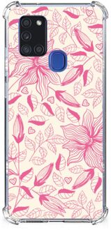 B2Ctelecom Telefoonhoesje  Samsung Galaxy A21s TPU Case anti-shock met transparante rand Roze Bloemen