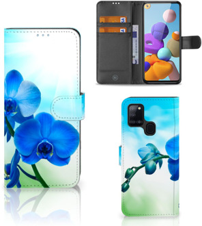 B2Ctelecom Telefoonhoesje Samsung Galaxy A21s Wallet Book Case met foto Orchidee Blauw Valentijn Cadeautje Vrouw