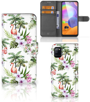 B2Ctelecom Telefoonhoesje Samsung Galaxy A31 Flip Hoesje met naam Flamingo Palms