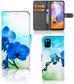 B2Ctelecom Telefoonhoesje Samsung Galaxy A31 Wallet Book Case met foto Orchidee Blauw Valentijn Cadeautje Vrouw