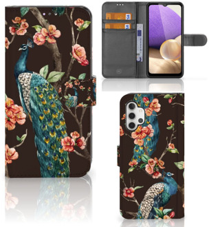 B2Ctelecom Telefoonhoesje Samsung Galaxy A32 4G Flipcase Cover Pauw met Bloemen