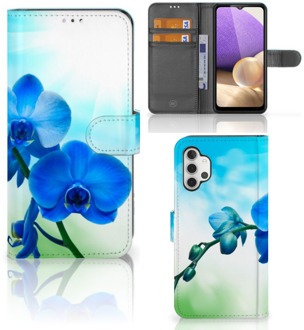 B2Ctelecom Telefoonhoesje Samsung Galaxy A32 4G Wallet Book Case met foto Orchidee Blauw Valentijn Cadeautje Vrouw