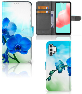 B2Ctelecom Telefoonhoesje Samsung Galaxy A32 5G Wallet Book Case met foto Orchidee Blauw Valentijn Cadeautje Vrouw