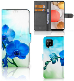 B2Ctelecom Telefoonhoesje Samsung Galaxy A42 5G Wallet Book Case met foto Orchidee Blauw Valentijn Cadeautje Vrouw