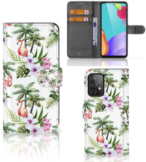 B2Ctelecom Telefoonhoesje Samsung Galaxy A52 Flip Hoesje met naam Flamingo Palms