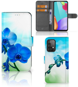 B2Ctelecom Telefoonhoesje Samsung Galaxy A52 Wallet Book Case met foto Orchidee Blauw Valentijn Cadeautje Vrouw