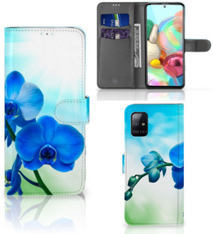 B2Ctelecom Telefoonhoesje Samsung Galaxy A71 Wallet Book Case met foto Orchidee Blauw Valentijn Cadeautje Vrouw