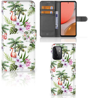 B2Ctelecom Telefoonhoesje Samsung Galaxy A72 Flip Hoesje met naam Flamingo Palms