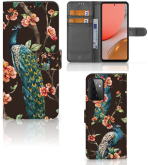 B2Ctelecom Telefoonhoesje Samsung Galaxy A72 Flipcase Cover Pauw met Bloemen