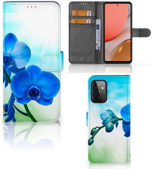 B2Ctelecom Telefoonhoesje Samsung Galaxy A72 Wallet Book Case met foto Orchidee Blauw Valentijn Cadeautje Vrouw