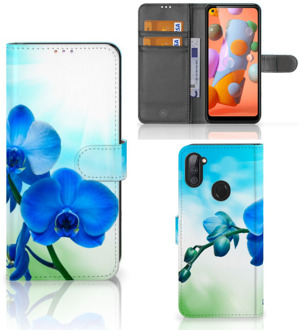 B2Ctelecom Telefoonhoesje Samsung Galaxy M11 | A11 Wallet Book Case met foto Orchidee Blauw Valentijn Cadeautje Vrouw