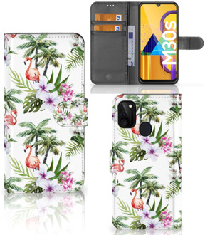 B2Ctelecom Telefoonhoesje Samsung Galaxy M21 Flip Hoesje met naam Flamingo Palms