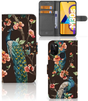 B2Ctelecom Telefoonhoesje Samsung Galaxy M21 Flipcase Cover Pauw met Bloemen