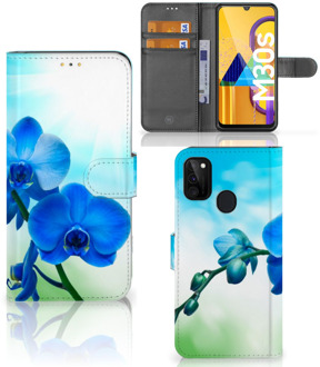 B2Ctelecom Telefoonhoesje Samsung Galaxy M21 Wallet Case met foto Orchidee Blauw Valentijn Cadeautje Vrouw