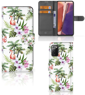 B2Ctelecom Telefoonhoesje Samsung Galaxy Note 20 Flip Hoesje met naam Flamingo Palms