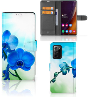 B2Ctelecom Telefoonhoesje Samsung Galaxy Note20 Ultra Wallet Book Case met foto Orchidee Blauw Valentijn Cadeautje Vrouw