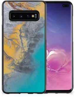 B2Ctelecom Telefoonhoesje Samsung Galaxy S10+ Leuk Hoesje met Zwarte rand Marble Blue Gold