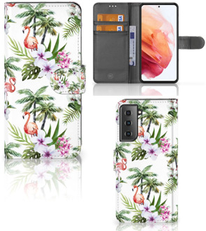 B2Ctelecom Telefoonhoesje Samsung Galaxy S21 Flip Hoesje met naam Flamingo Palms