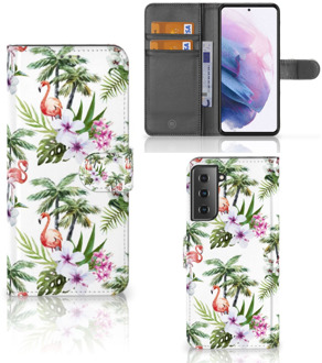 B2Ctelecom Telefoonhoesje Samsung Galaxy S21 Plus Flip Hoesje met naam Flamingo Palms