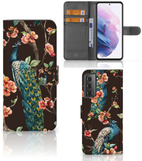 B2Ctelecom Telefoonhoesje Samsung Galaxy S21 Plus Flipcase Cover Pauw met Bloemen