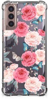 B2Ctelecom Telefoonhoesje  Samsung Galaxy S21 Plus Silicone Case met transparante rand Butterfly Roses