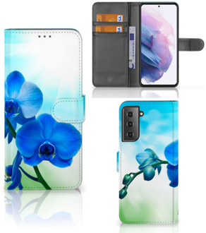 B2Ctelecom Telefoonhoesje Samsung Galaxy S21 Plus Wallet Book Case met foto Orchidee Blauw Valentijn Cadeautje Vrouw