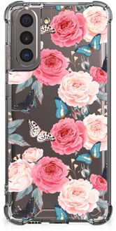 B2Ctelecom Telefoonhoesje  Samsung Galaxy S21 Silicone Case met transparante rand Butterfly Roses