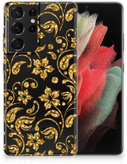 B2Ctelecom Telefoonhoesje Samsung Galaxy S21 Ultra Back Cover Siliconen Hoesje Gouden Bloemen