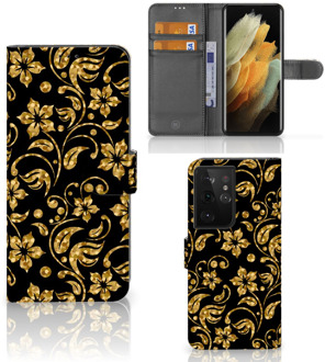 B2Ctelecom Telefoonhoesje Samsung Galaxy S21 Ultra Bookcase Cadeau voor Oma Gouden Bloemen