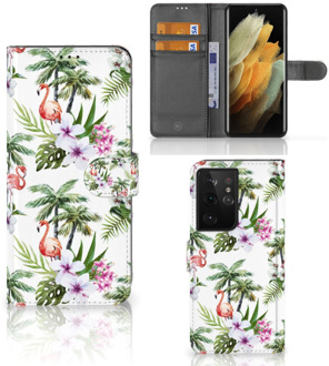 B2Ctelecom Telefoonhoesje Samsung Galaxy S21 Ultra Flip Hoesje met naam Flamingo Palms